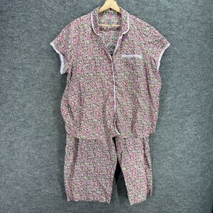 Pink K Pajama Set Women 2X Plus Pink Floral Collared Button Short Sleeve Cotton